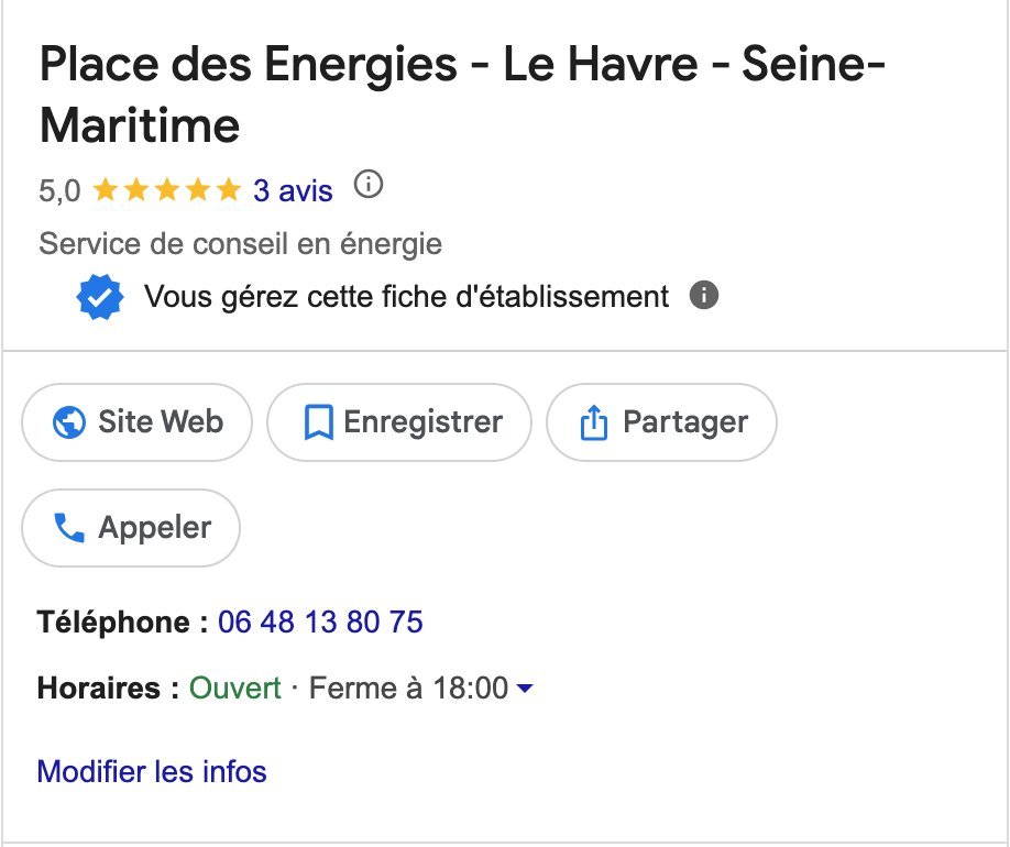 Fiche Google Business Profile de Place des Énergies, conseil en énergie au Havre